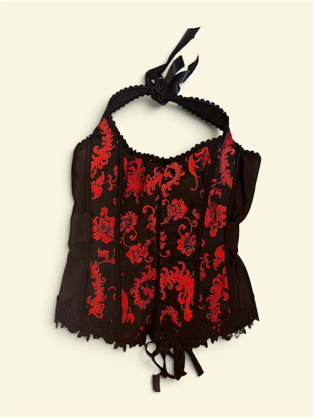 Black Halter Corset Tank Top with Red Floral Embroidery